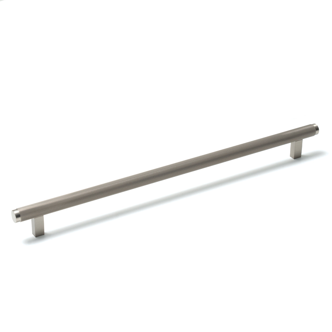 Momo Bellevue lined cabinet pull handle in dark bronze finish mounted on a cabinet door.