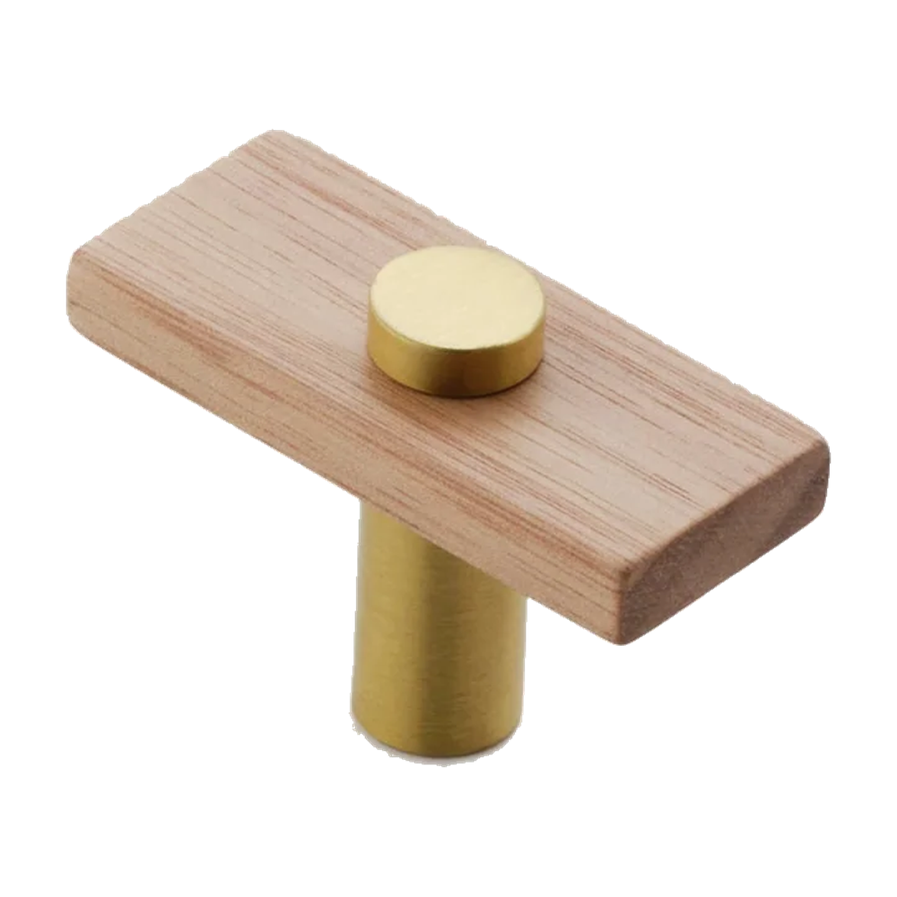 Lenah 50mm T-Bar Han
dle - Tasmanian Oak - Face Caps - Satin Brass in Tasmanian Oak / Satin Brass