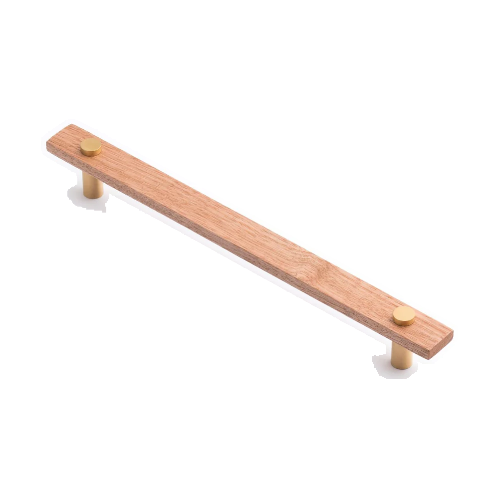 Lenah 224mm Cabinet Handle - Tasmanian Oak - Face Caps - Satin Brass in Tasmanian Oak / Satin Brass