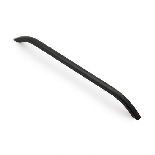 Castella Hinckley handle in polished metal, featuring a sleek, modern design with a curved shape for cabinet or drawer use.
