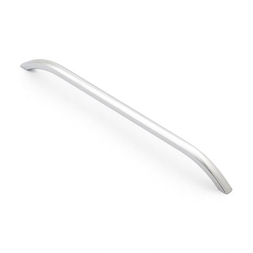 Castella Hinckley handle with polished metal finish, featuring a sleek, curved design for cabinets or furniture.