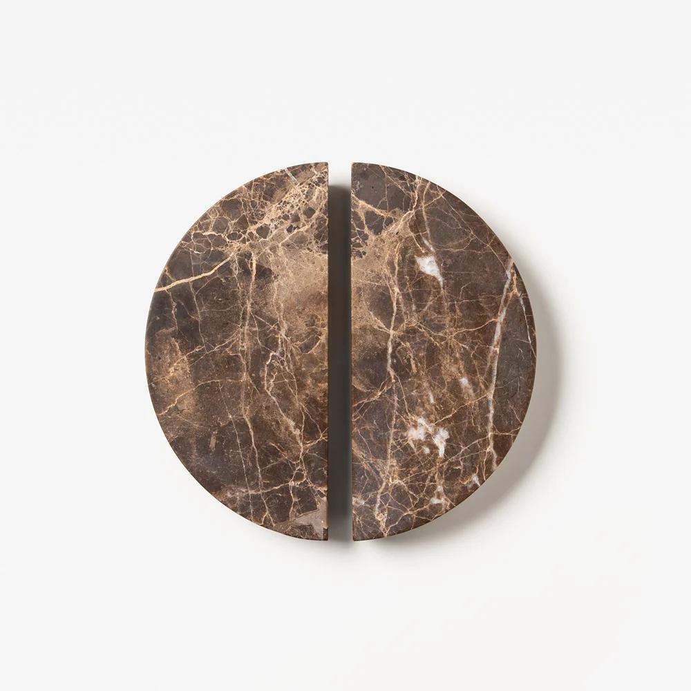 Pair of Lo & Co Arc Marble Cabinet Handles in elegant marble with bronze accents, designed for stylish furniture hardware.