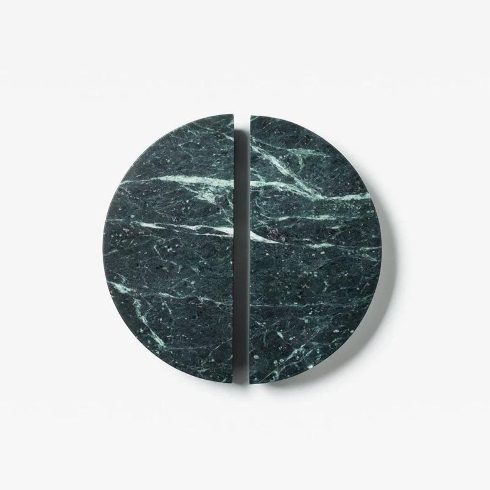 Pair of Lo & Co Arc Marble Cabinet Handles with sleek marble finish and modern brass accents, suitable for furniture fixtures.