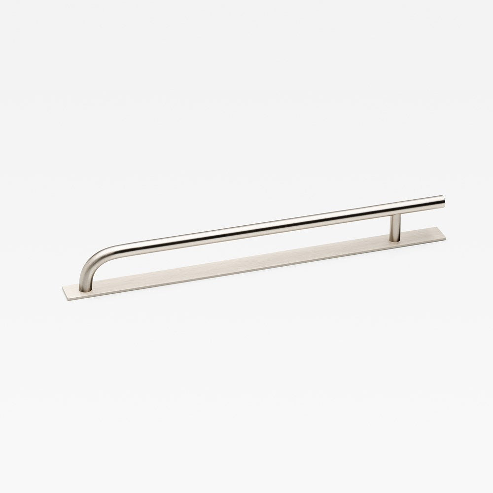 Brera Appliance Pull Handle with Backplate by Lo & Co Interiors, architectural hardware in brushed nickel finish, mounted on a surface.