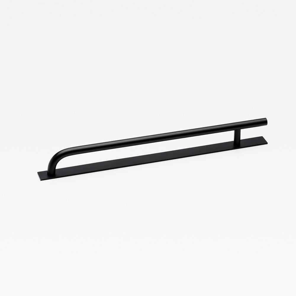 Lo & Co Brera appliance pull handle with backplate, architectural hardware in a sleek metallic finish, suitable for cabinetry or furniture.