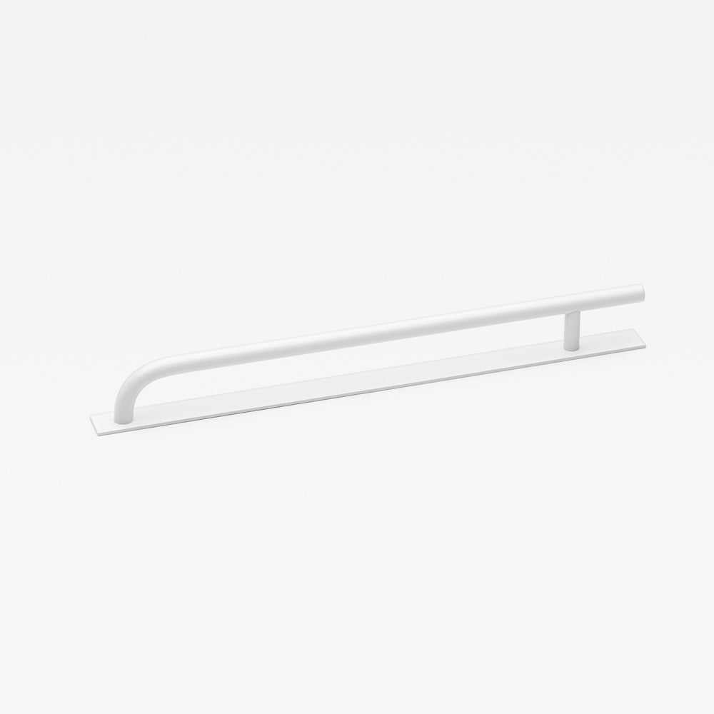 Lo & Co Brera Appliance Pull Handle with Backplate, architectural hardware in brushed metal finish, mounted on a door or cabinet.