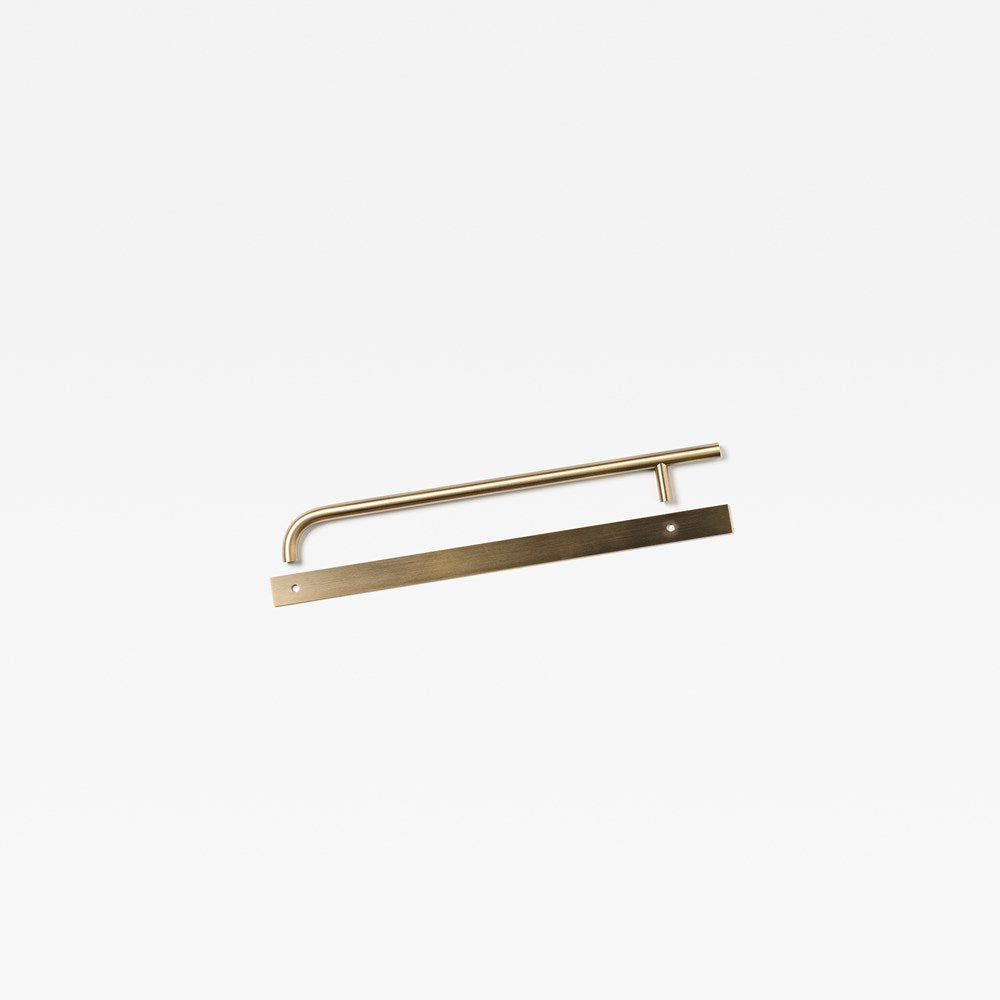 Lo & Co Brera appliance pull handle with backplate, architectural hardware in brushed finish, mounted on door or cabinet.