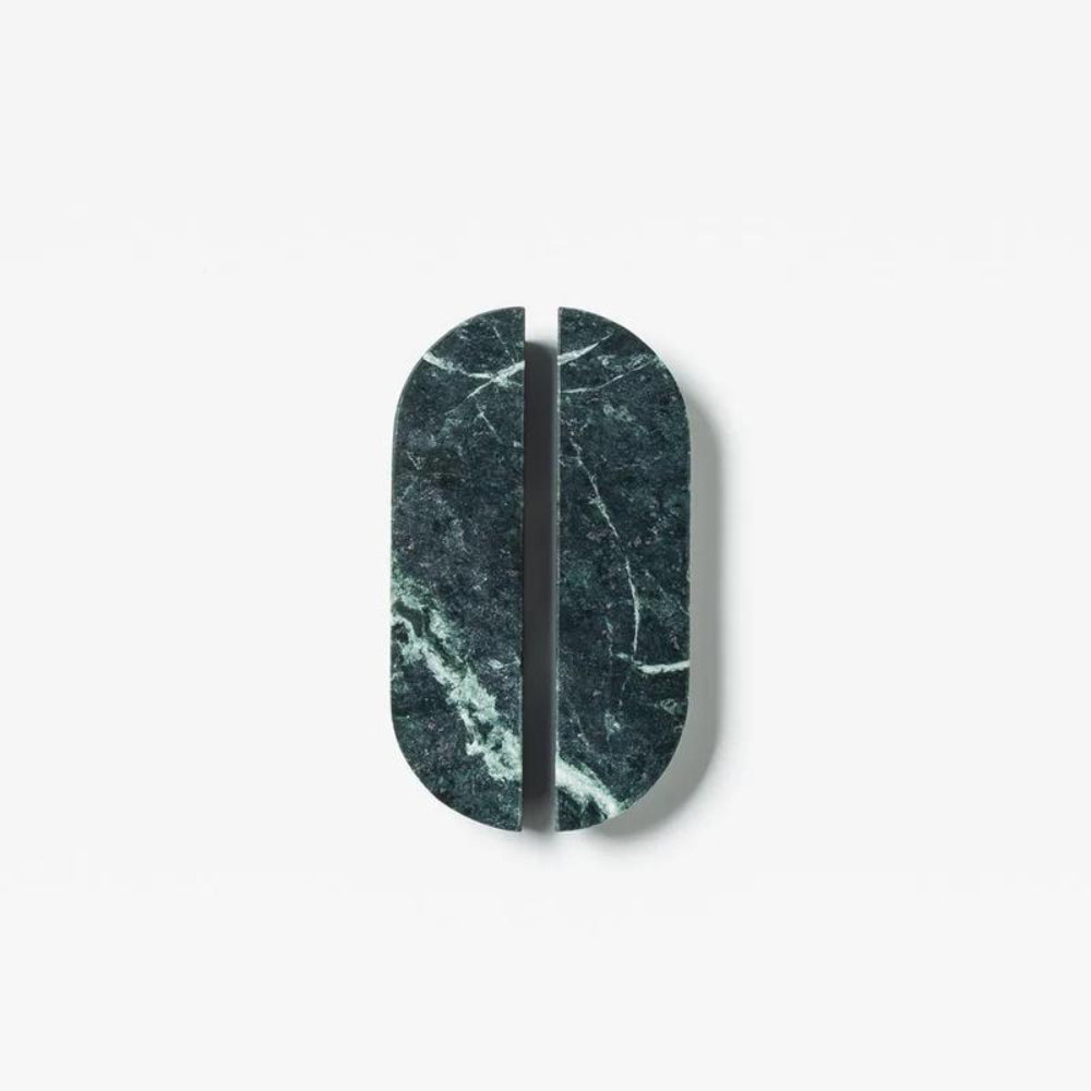Pair of Lo & Co Dot Marble Cabinet Handles in small size, featuring round marble design for stylish kitchen or furniture drawers.