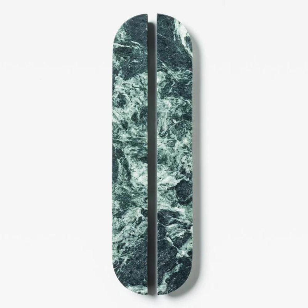 Pair of Lo & Co Dot Marble Handle Large cabinet hardware with black and white dotted marble design, perfect for modern furniture.
