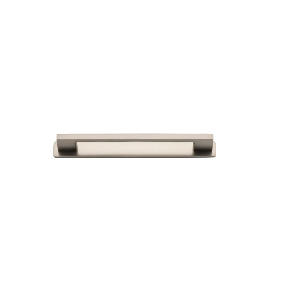 Iver Cali cabinet pull with backplate, modern brass hardware for kitchen or bathroom cabinets, close-up view.