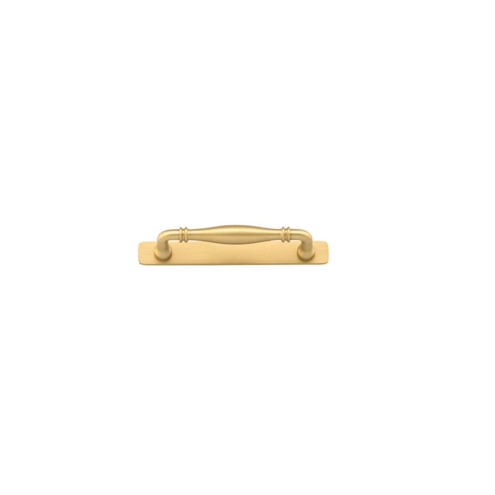 Cabinet Pull Sarlat Brushed Gold PVD L144xP46mm BD16mm CTC128mm With Backplate W173xH24mm T3mm in Brushed Gold PVD