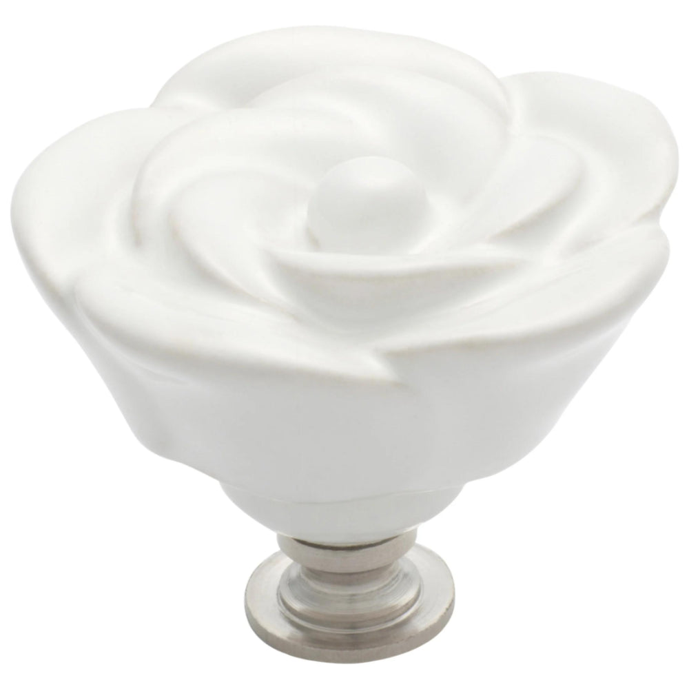 Cupboard Knob White Porcelain Flower Chrome Plated D50xP36mm in Porcelain