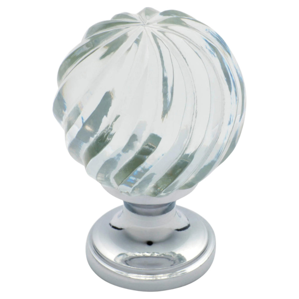 Cupboard Knob Fluted Swirl Glass Chrome Plated D38xP57mm BP24mm in Chrome Plated