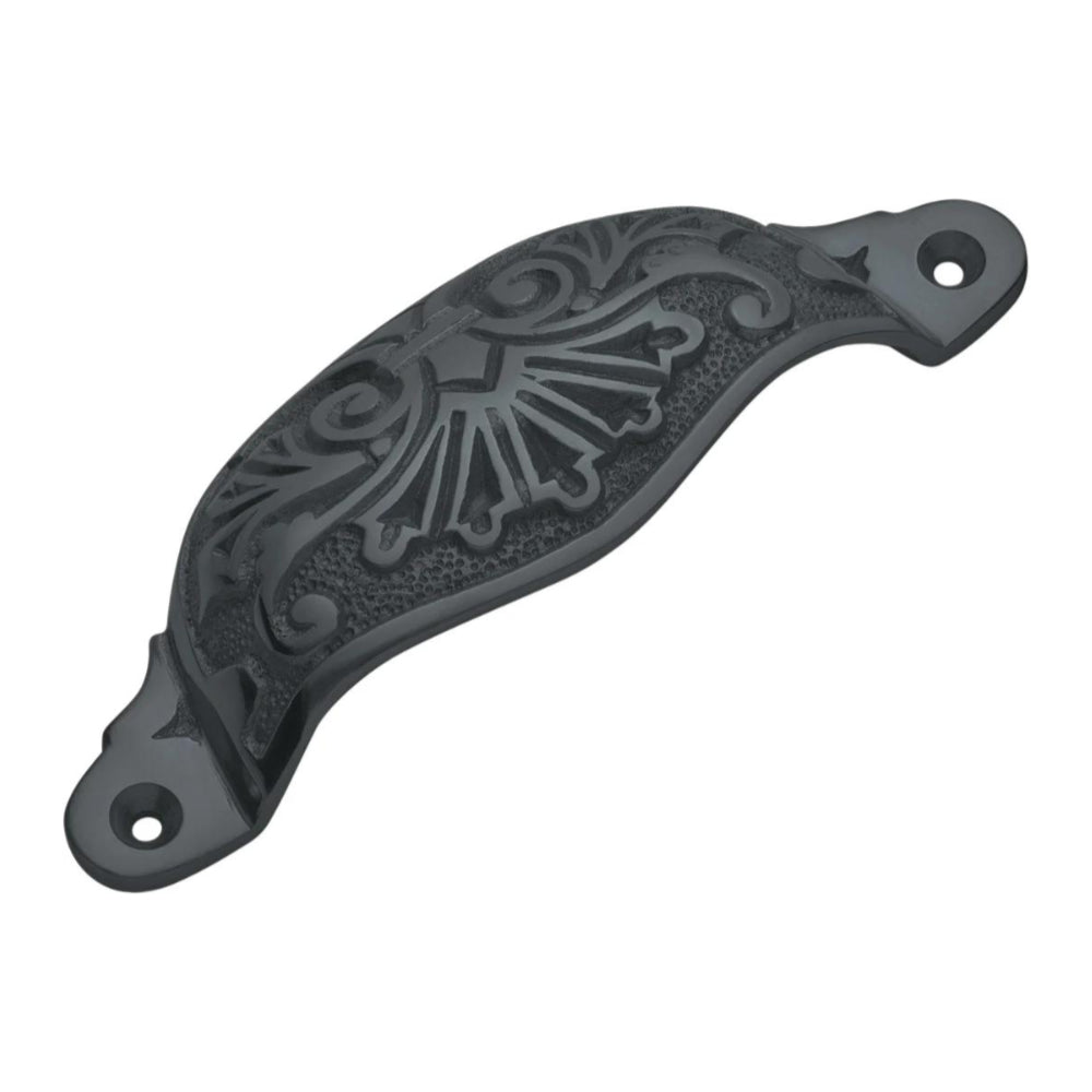 Drawer Pull Ornate Cupped Iron Matt Black H35xL110mm in Matt Black