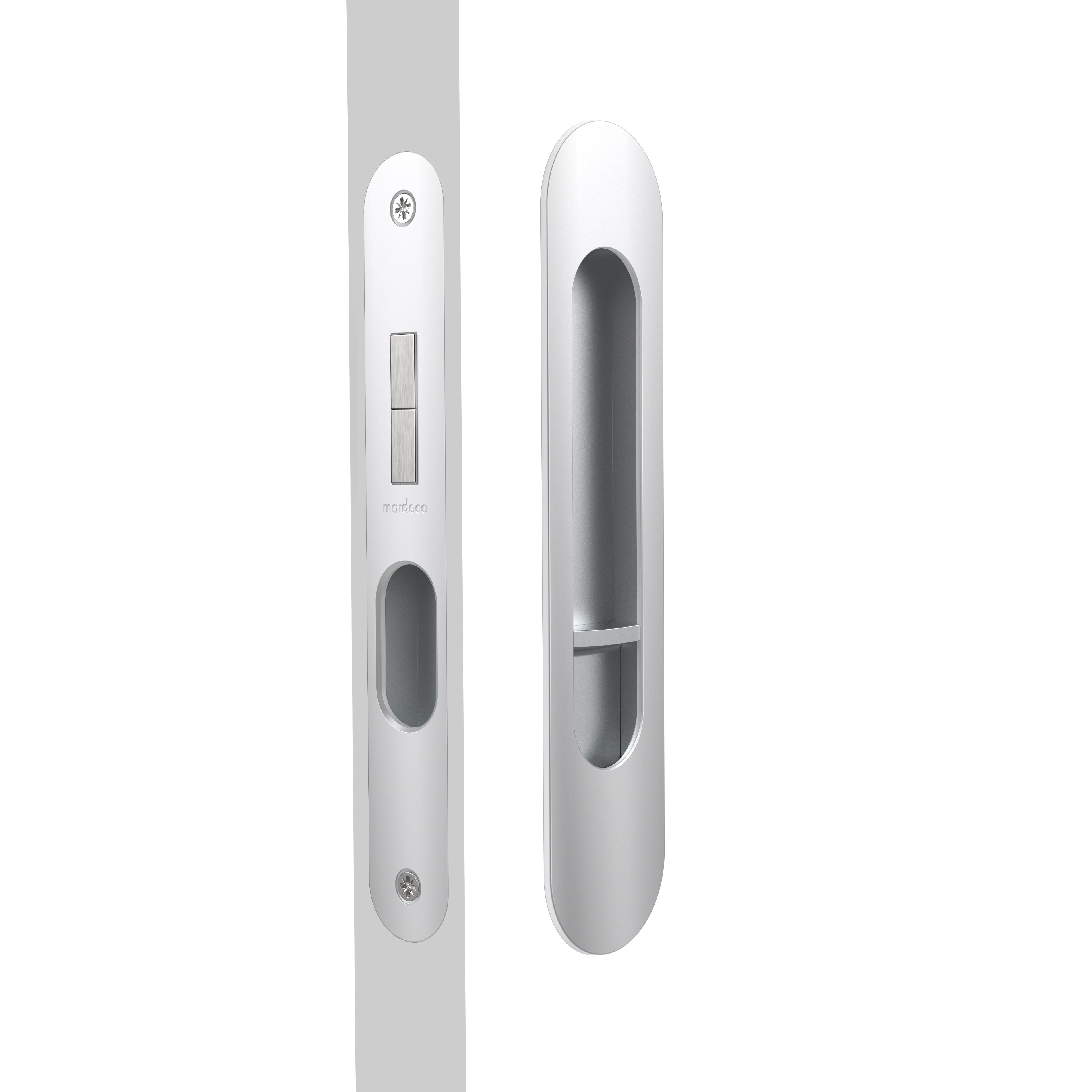 Mardeco Radius Flush Pull Privacy Set with 35mm backset, featuring a sleek round design and polished finish.
