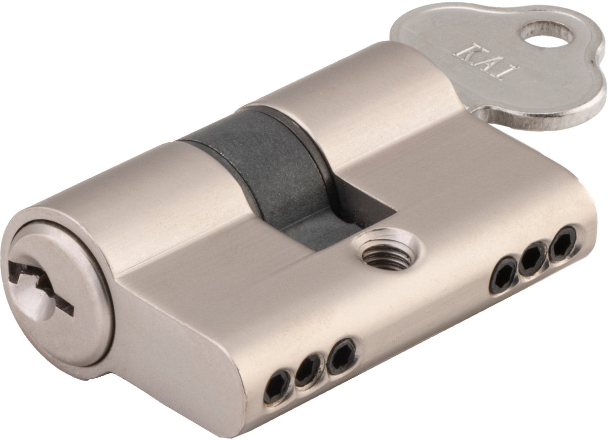 Iver Euro double cylinder 3-pin architectural hardware lock, showing keyhole and cylinder details on a metallic finish.