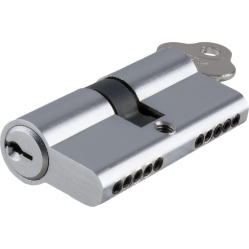 Euro double cylinder lock with 5 pin, L65mm, by Tradco, showing the brass exterior and lock mechanism for architectural hardware.