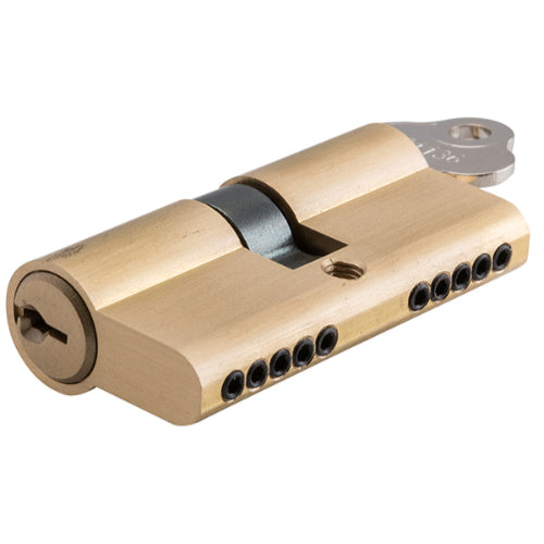 Euro double cylinder lock with 5 pins, L65mm, by Tradco, featuring architectural hardware design and keyhole visibility.