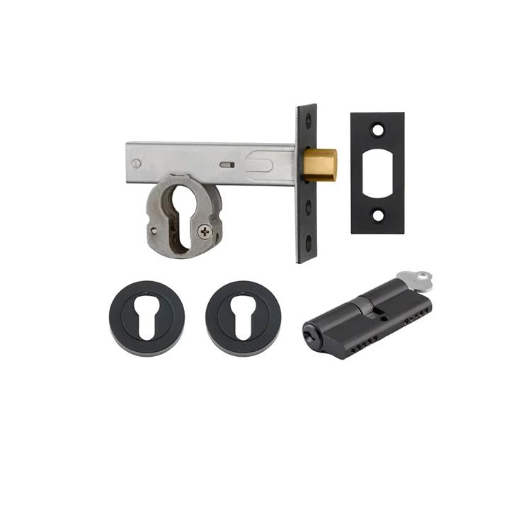 Mortice Deadbolt Euro Matt Black Backset 60mm Key/Key Escutcheon Round Kit in Matt Black
