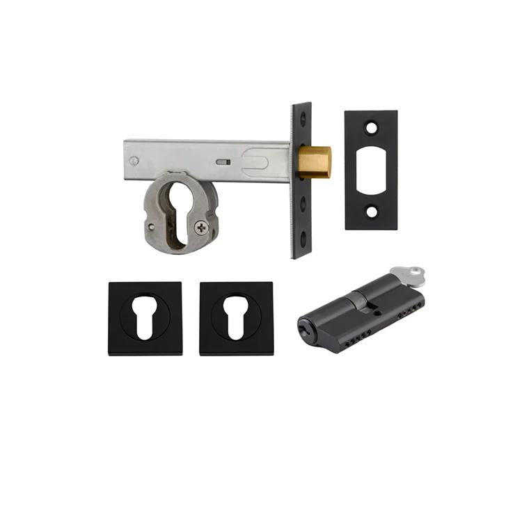 Mortice Deadbolt Euro Matt Black Backset 60mm Key/Key Escutcheon Square Kit in Matt Black