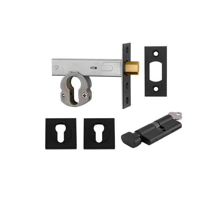Mortice Deadbolt Euro Matt Black Backset 60mm Key/Thumb Escutcheon Square Kit in Matt Black