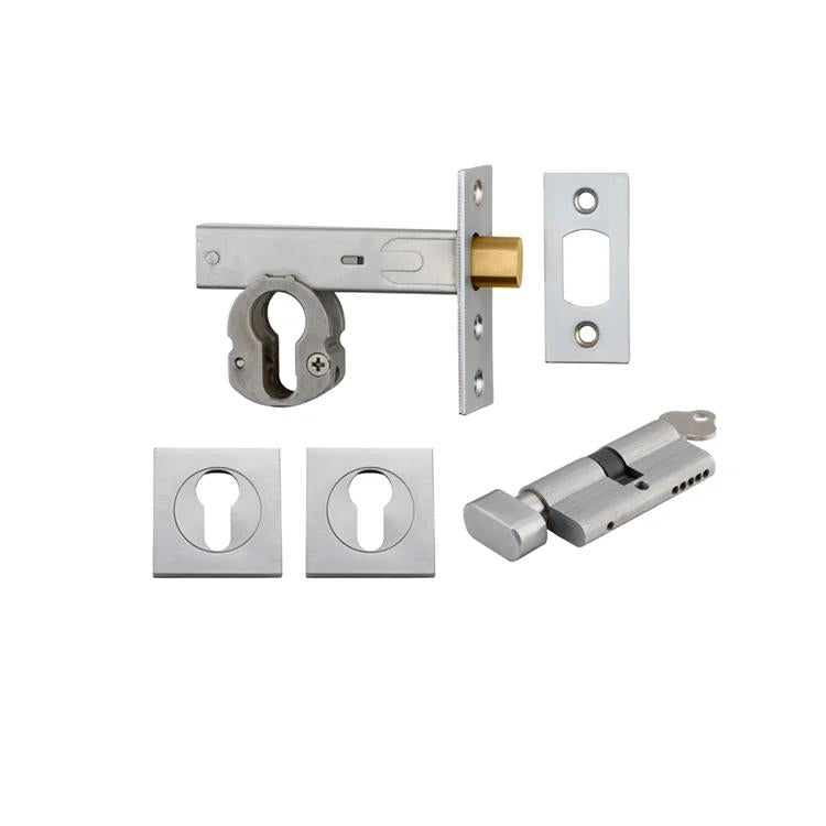 Mortice Deadbolt Euro Brushed Chrome Backset 60mm Key/Thumb Escutcheon Square Kit in Brushed Chrome