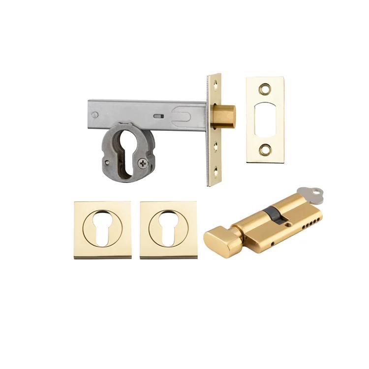 Mortice Deadbolt Euro Polished Brass Backset 60mm Key/Thumb Escutcheon Square Kit in Polished Brass