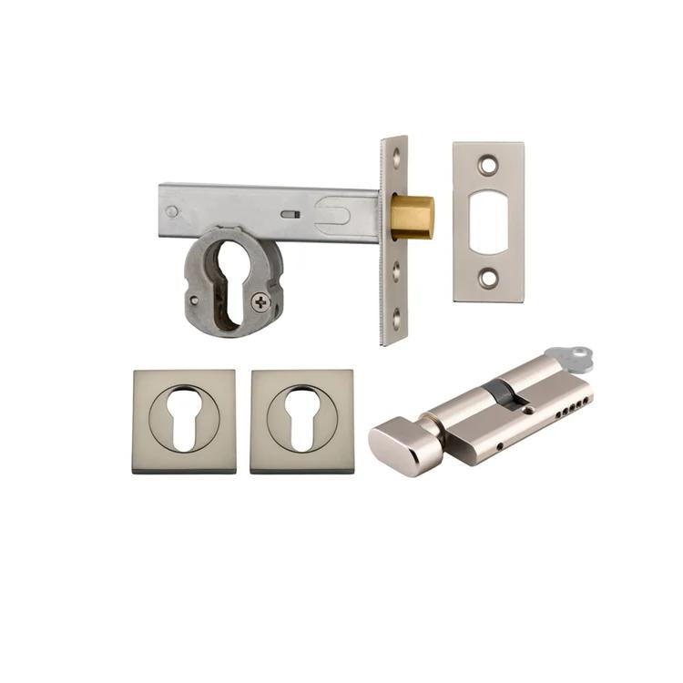 Mortice Deadbolt Euro Satin Nickel Backset 60mm Key/Thumb Escutcheon Square Kit in Satin Nickel