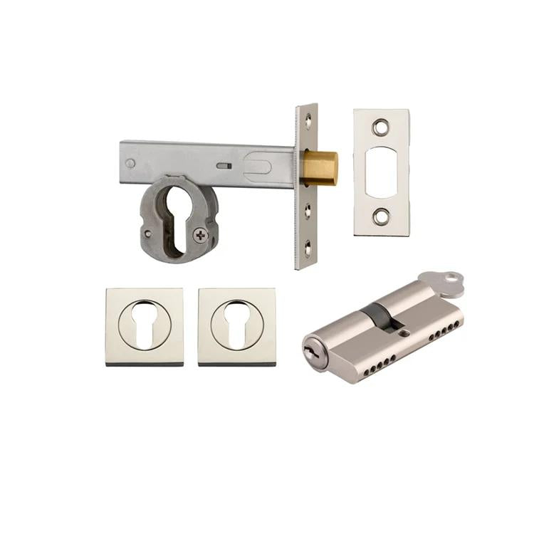 Mortice Deadbolt Euro Polished Nickel Backset 60mm Key/Key Escutcheon Square Kit in Polished Nickel
