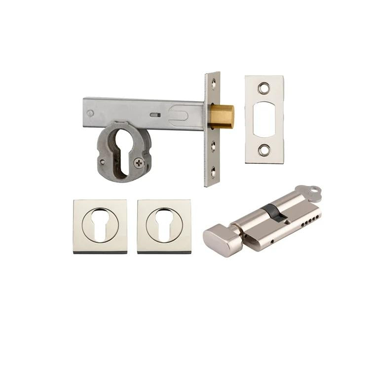 Mortice Deadbolt Euro Polished Nickel Backset 60mm Key/Thumb Escutcheon Square Kit in Polished Nickel