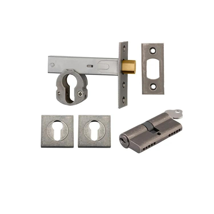 Mortice Deadbolt Euro Distressed Nickel Backset 60mm Key/Key Escutcheon Square Kit in Distressed Nickel