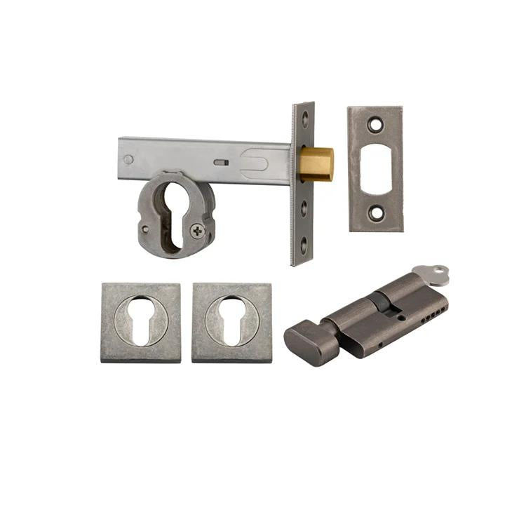 Mortice Deadbolt Euro Distressed Nickel Backset 60mm Key/Thumb Escutcheon Square Kit in Distressed Nickel