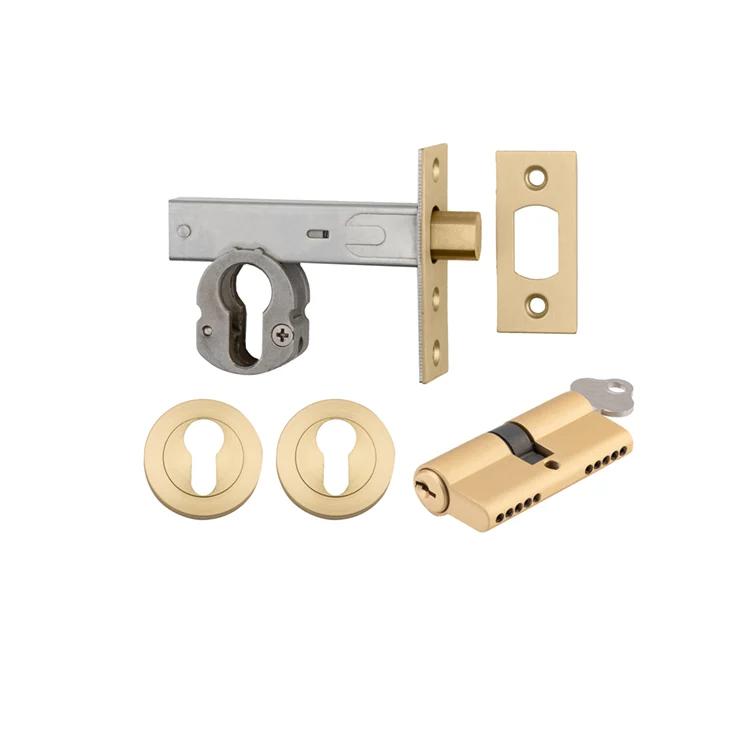 Mortice Deadbolt Euro Brushed Gold PVD Backset 60mm Key/Key Escutcheon Round Kit in Brushed Gold PVD