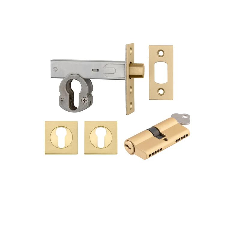 Mortice Deadbolt Euro Brushed Gold PVD Backset 60mm Key/Key Escutcheon Square Kit in Brushed Gold PVD
