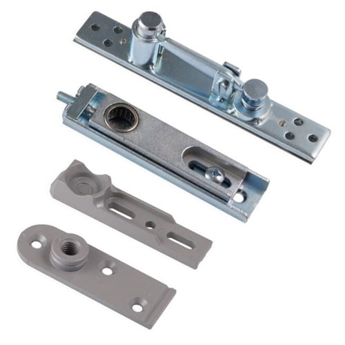 Briton Door Pivot Set - Max Door Weight 80kg. Min Door Thickness 40mm. Includes Bottom Pivot, Bottom Door Strap and Top Centre (For Timber or Metal Doors) in Silver