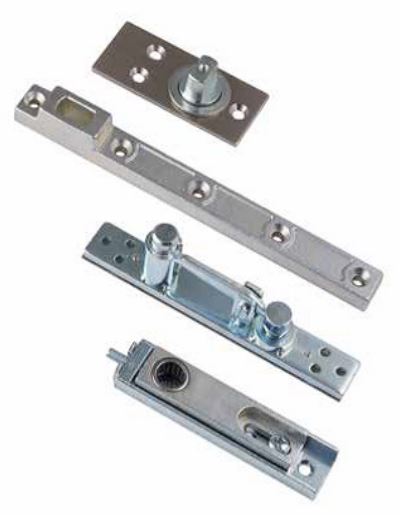 Briton Door Pivot Set - Max Door Weight 250kg. Min Door Thickness 40mm. Includes Bottom Pivot, Bottom Door Strap and Top Centre (For Timber or Metal Doors) in Silver
