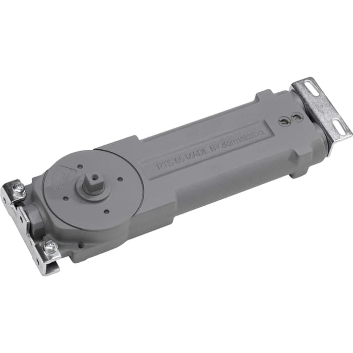 DormaKaba RTS85 EN4 fixed power concealed door closer with 90° hold open, extended spindle, installed on a transom door.