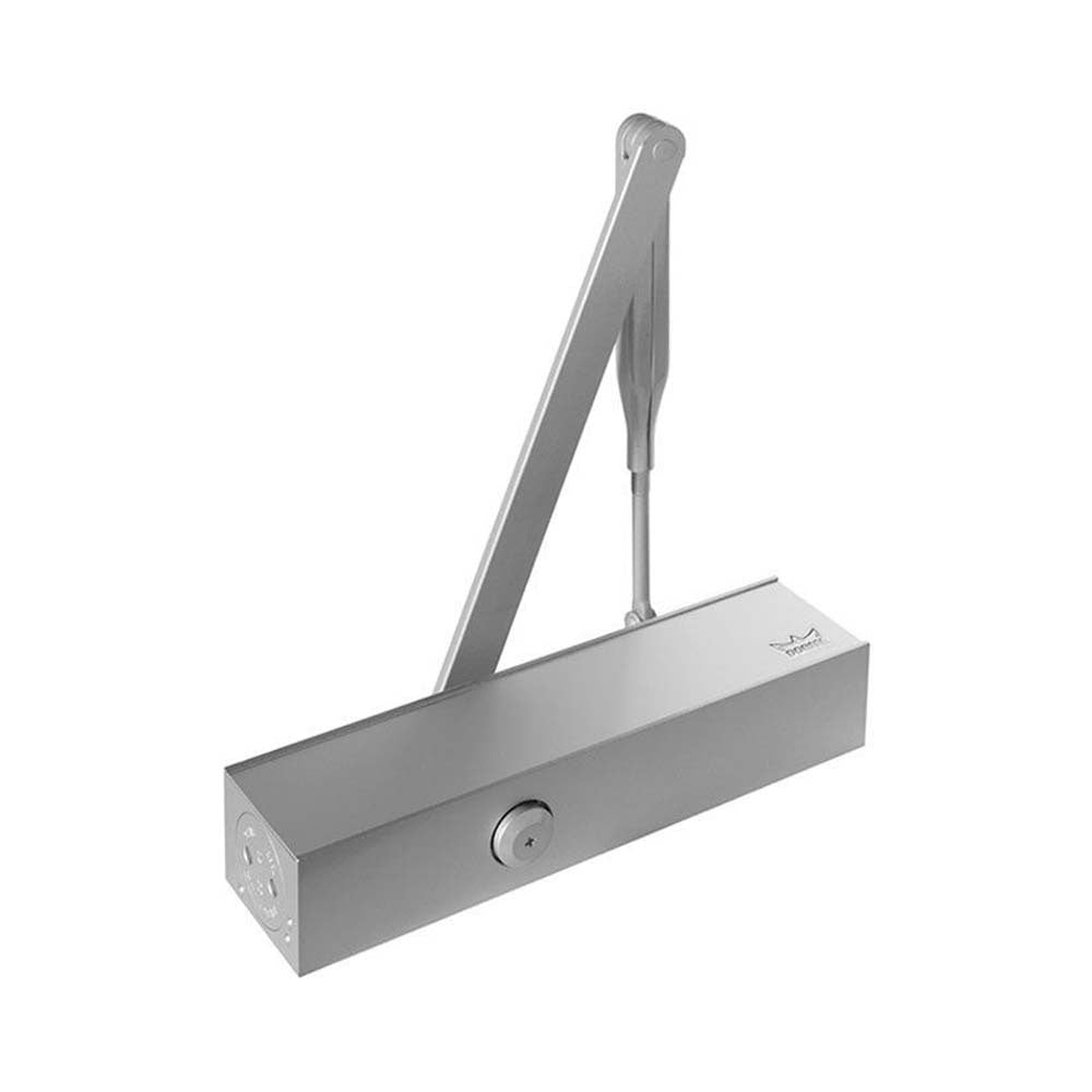 DormKaba TS73V door closer in silver, adjustable surface-mounted architectural hardware with hold-open feature.