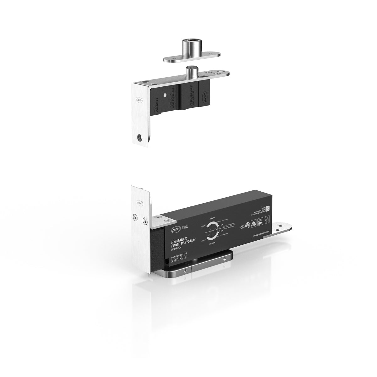 JNF hydraulic pivot door closer holding open at 90 degrees, with 100kg max weight and 1000mm width, in a close-up view.