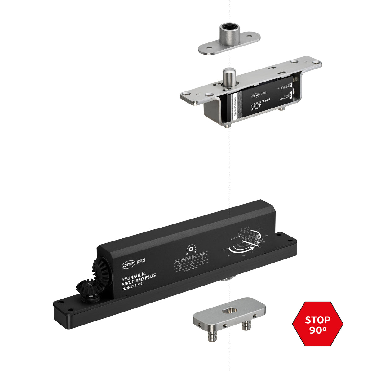 JNF hydraulic pivot door closer with power adjustment, holds open at 90°, max 350kg, 3000mm width, shown in the image.