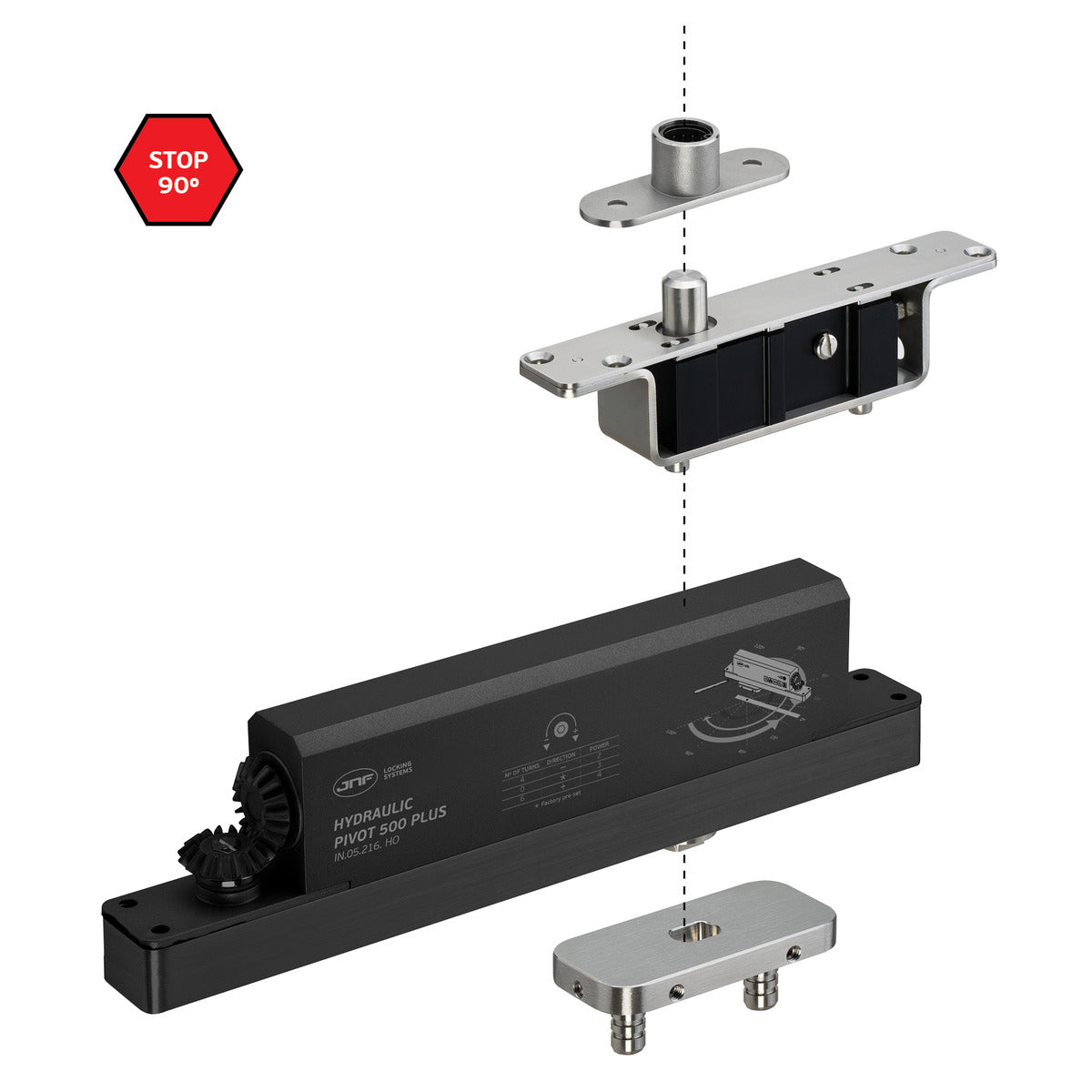 JNF hydraulic pivot door holder with adjustable power, 500kg capacity, 3000mm width, and 90-degree hold open function.