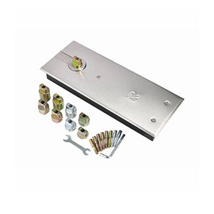 Zanda TS7004 Floor Spring in stainless steel, architectural hardware with adjustable arm and mounting plate for door support.