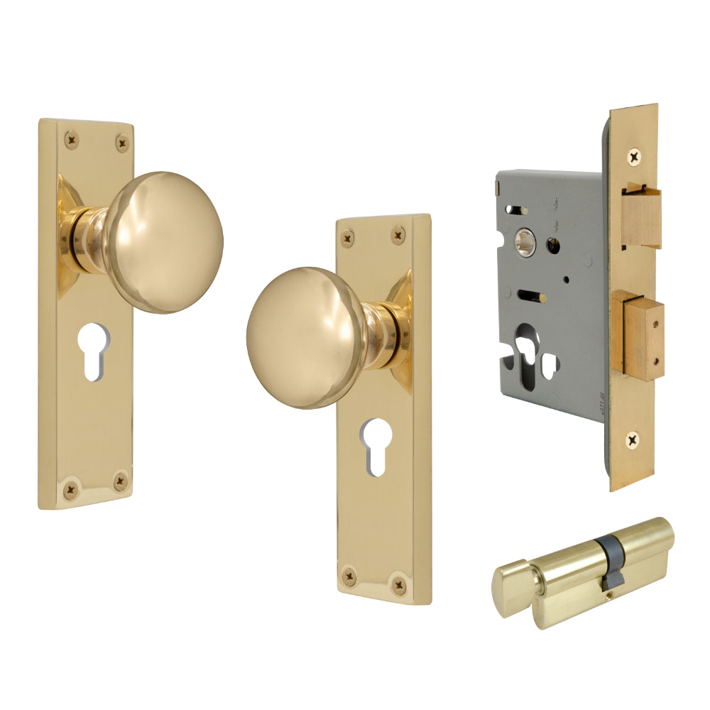 Victorian Knob Plate - Locking Euro in Polished Brass
