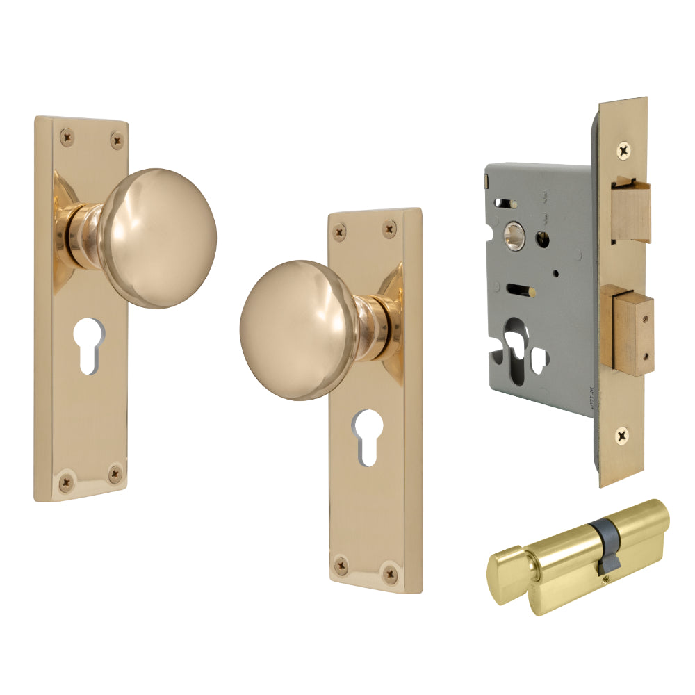 Victorian Knob Plate - Locking Euro in Unlacquered Brass