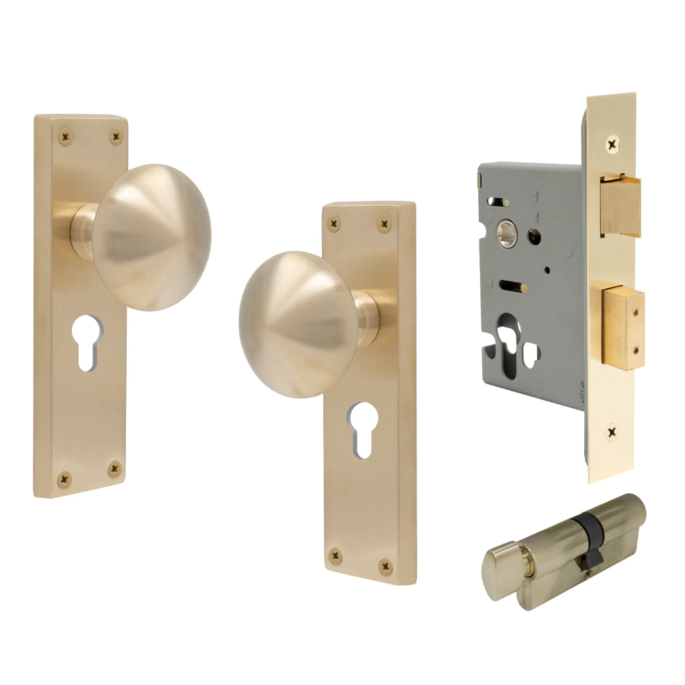 Victorian Knob Plate - Locking Euro in Satin Brass Unlaquered