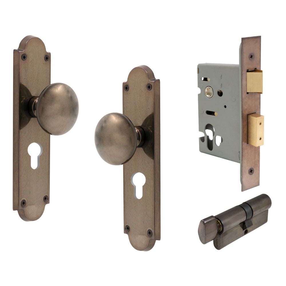 Victorian Knob Plate - Locking Euro in Natural Bronze