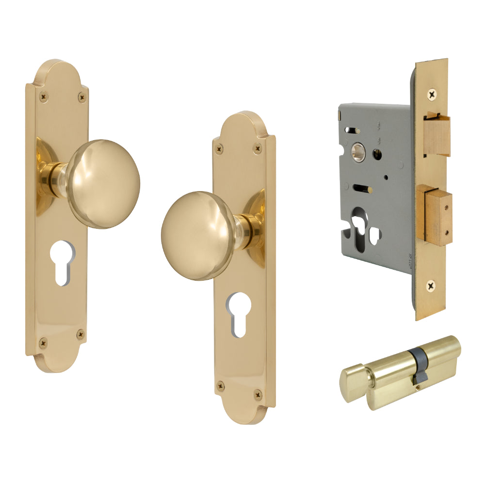 Victorian Knob Plate - Locking Euro in Polished Brass