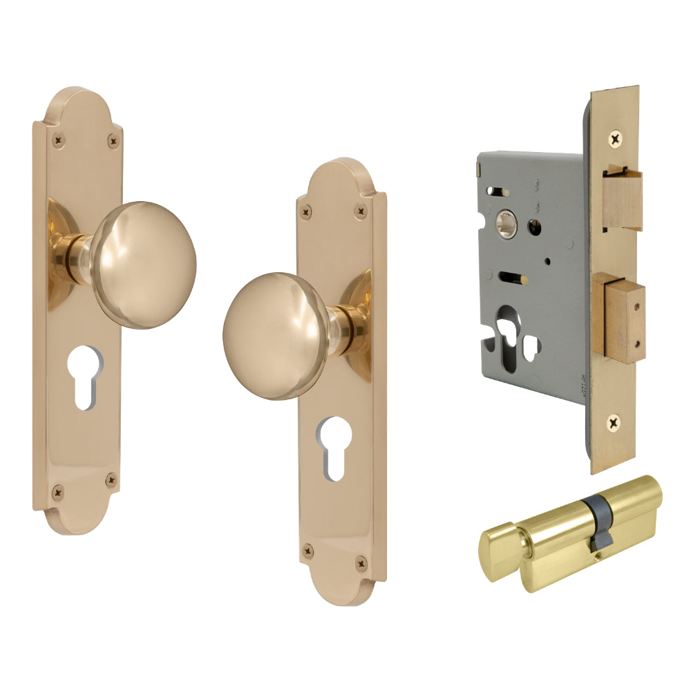 Victorian Knob Plate - Locking Euro in Unlacquered Brass
