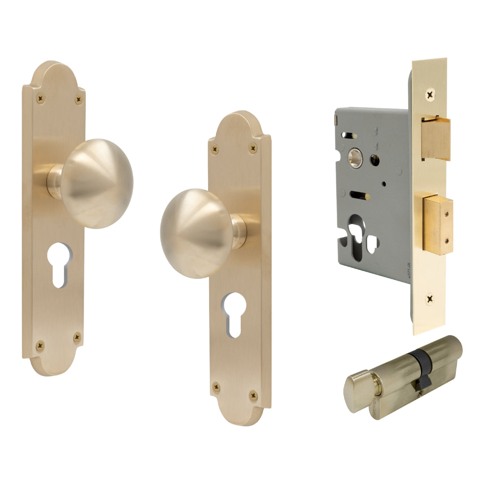 Victorian Knob Plate - Locking Euro in Satin Brass Unlaquered