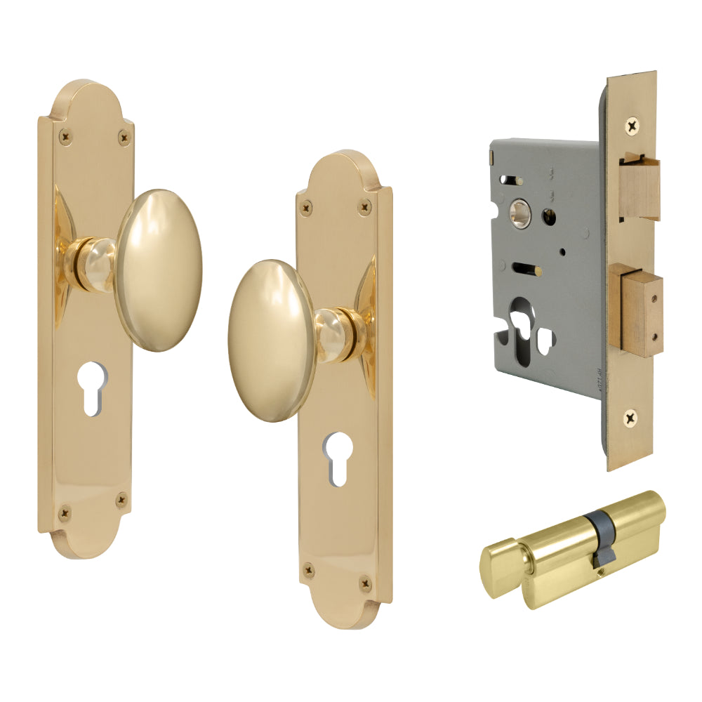 Oval Knob Plate Euro Locking in Unlacquered Brass